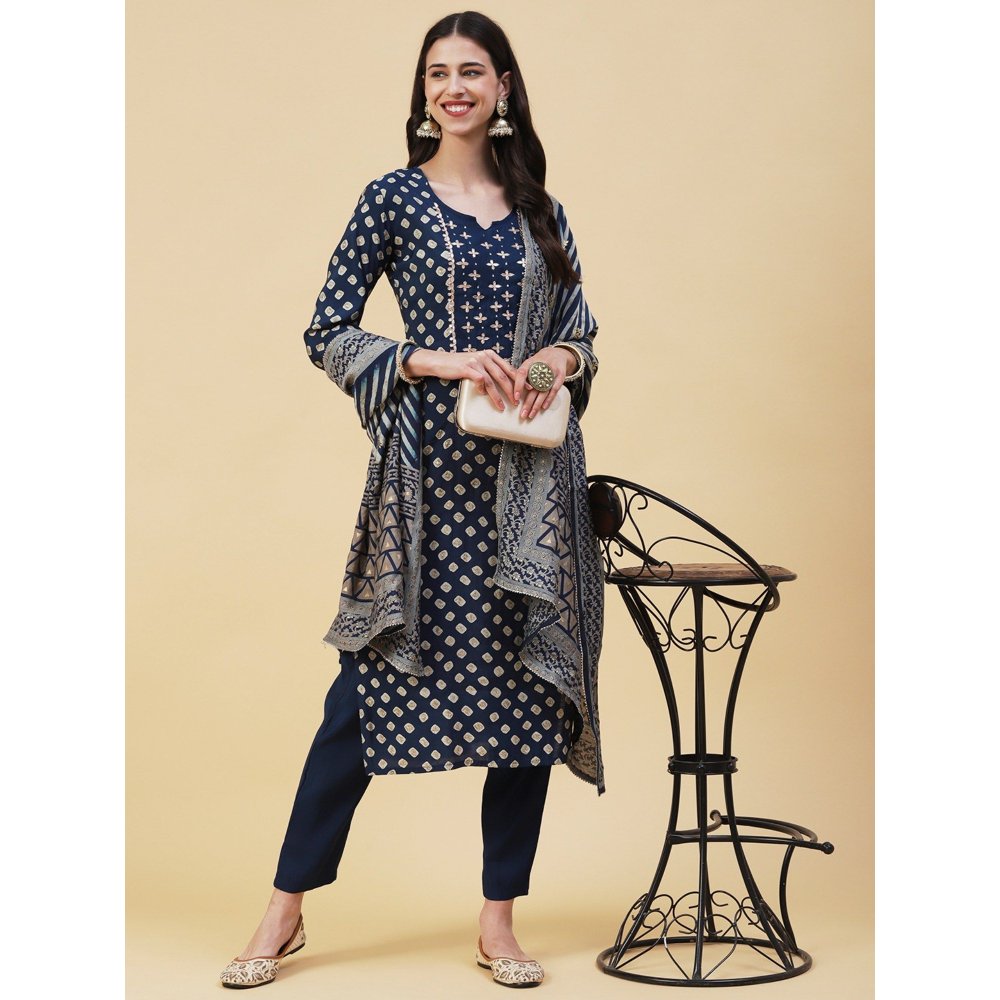 FASHOR Bandhani Printed Gotapatti Embroidered Kurta with Pants & Dupatta Navy Blue (Set of 3)