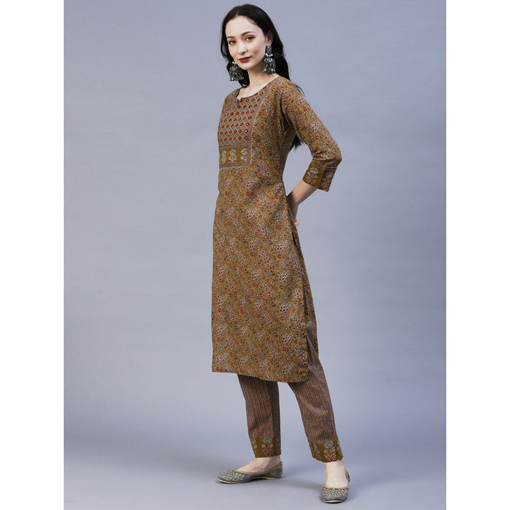 FASHOR Floral Block Printed Zari & Sequins Embroidered Kurta Pants - Taupe (Set of 2)