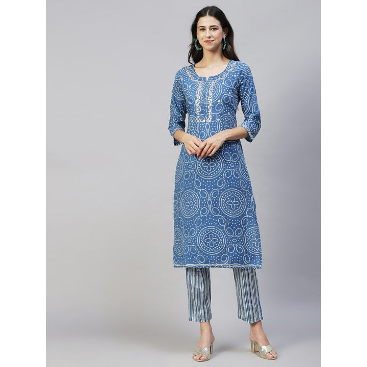 FASHOR Bandhani Printed & Embroidered Straight Fit Kurta Pants - Blue (Set of 2)