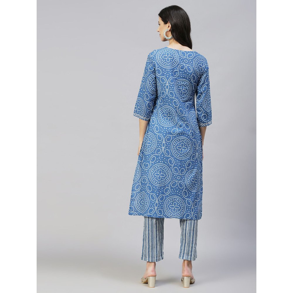 FASHOR Bandhani Printed & Embroidered Straight Fit Kurta Pants - Blue (Set of 2)