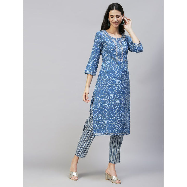 FASHOR Bandhani Printed & Embroidered Straight Fit Kurta Pants - Blue (Set of 2)