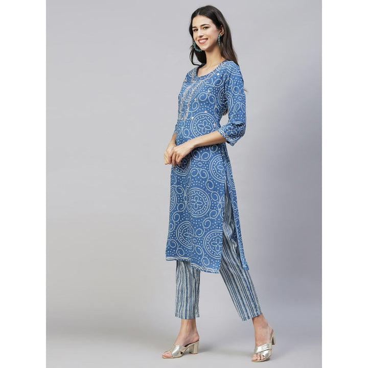 FASHOR Bandhani Printed & Embroidered Straight Fit Kurta Pants - Blue (Set of 2)