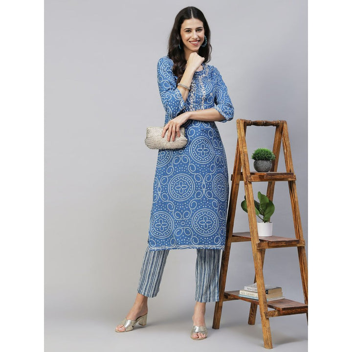 FASHOR Bandhani Printed & Embroidered Straight Fit Kurta Pants - Blue (Set of 2)