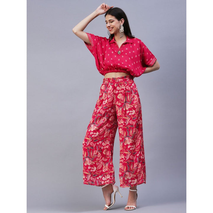 FASHOR Floral Printed Cutdana Embroidered Crop Top with Floral Palazzo Fuchsia (Set of 2)