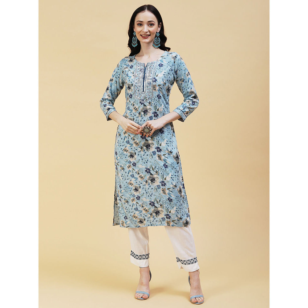 FASHOR Floral Foil Printed Resham & Sequins Embroidered Kurta Sky Blue