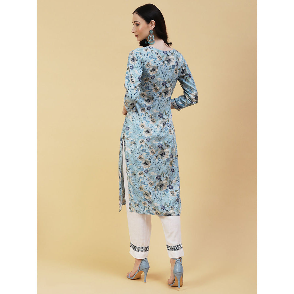 FASHOR Floral Foil Printed Resham & Sequins Embroidered Kurta Sky Blue