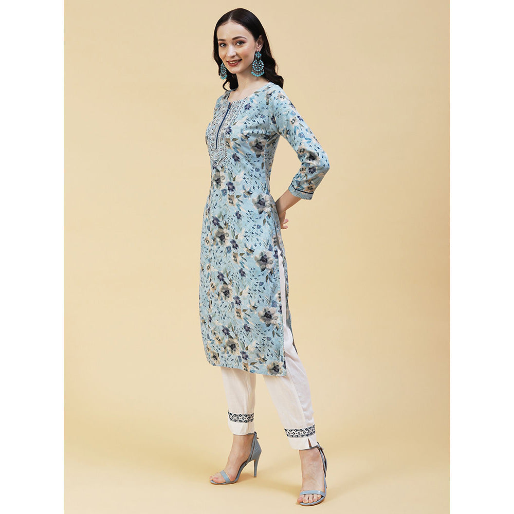 FASHOR Floral Foil Printed Resham & Sequins Embroidered Kurta Sky Blue