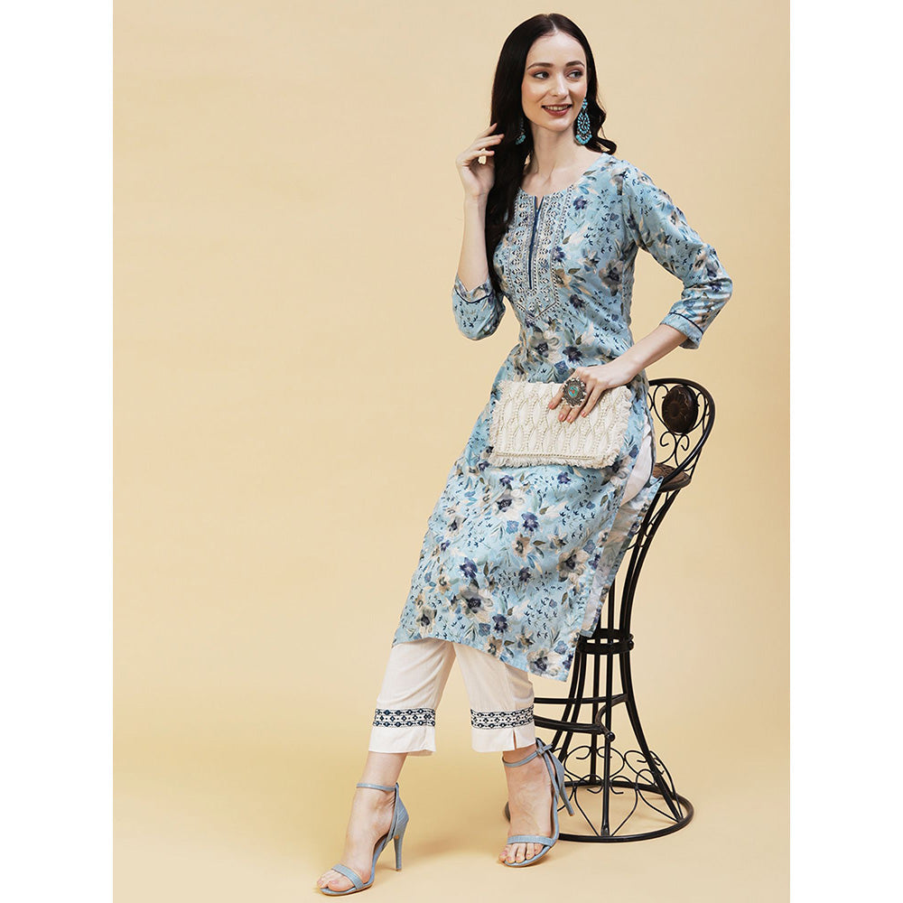 FASHOR Floral Foil Printed Resham & Sequins Embroidered Kurta Sky Blue