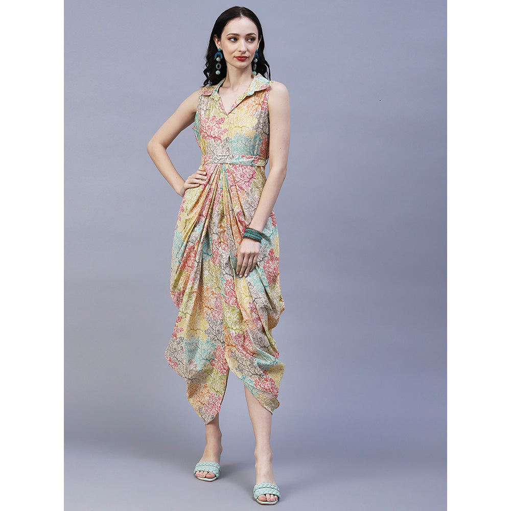 FASHOR Floral Printed Pleated Draped Asymmetric Dress with Waist Belt Multi (Set of 2)