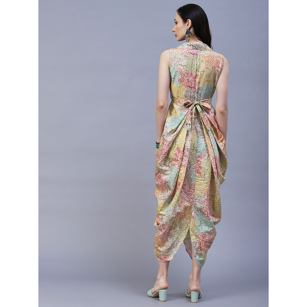 FASHOR Floral Printed Pleated Draped Asymmetric Dress with Waist Belt Multi (Set of 2)