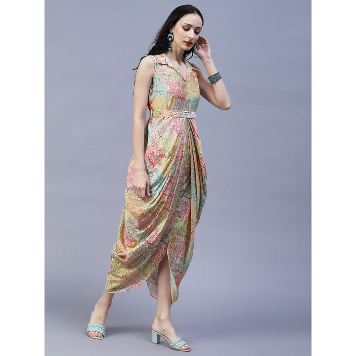 FASHOR Floral Printed Pleated Draped Asymmetric Dress with Waist Belt Multi (Set of 2)