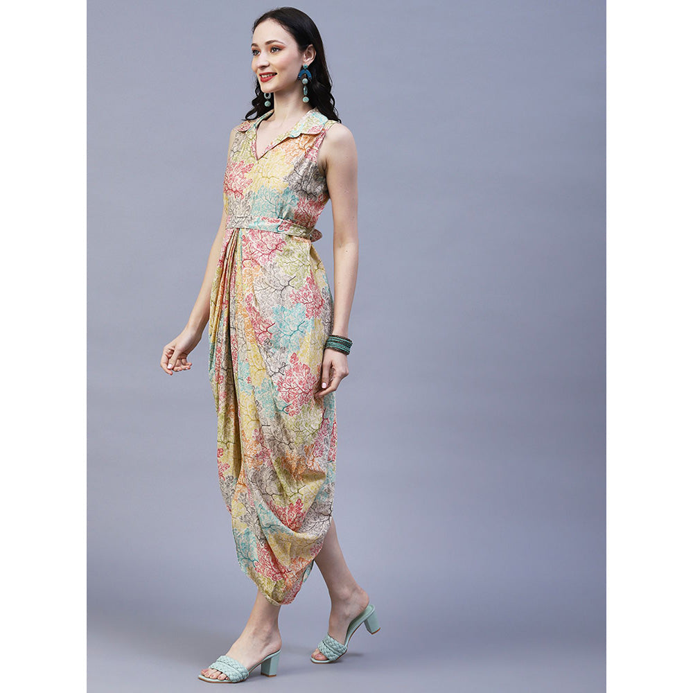 FASHOR Floral Printed Pleated Draped Asymmetric Dress with Waist Belt Multi (Set of 2)