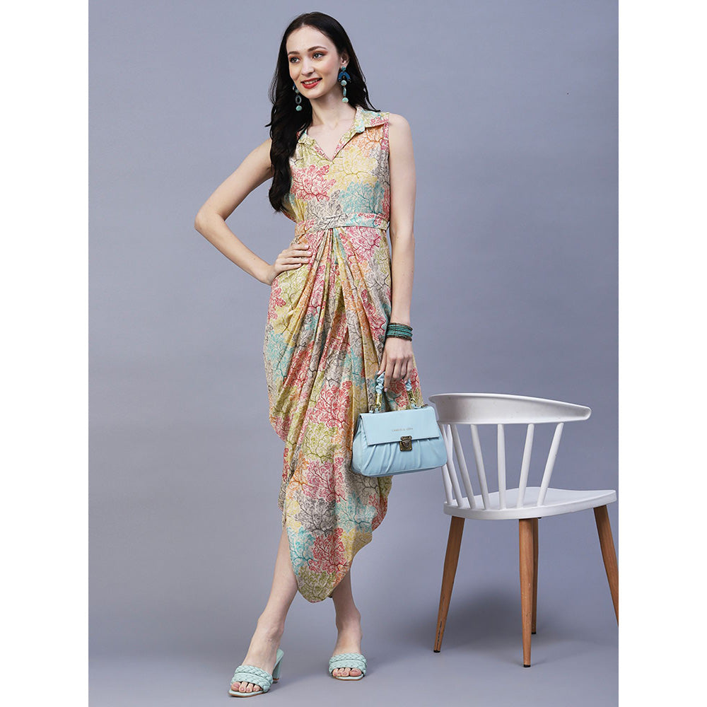 FASHOR Floral Printed Pleated Draped Asymmetric Dress with Waist Belt Multi (Set of 2)