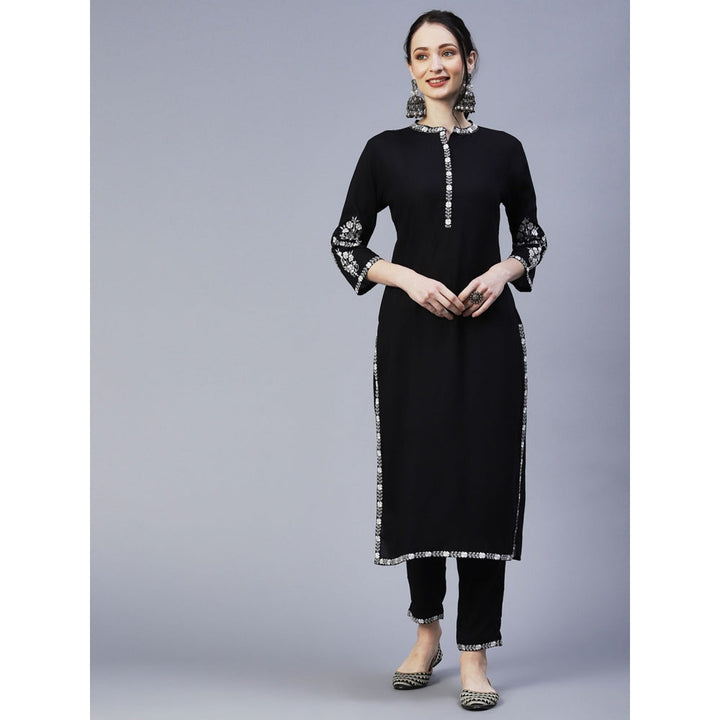 FASHOR Resham & Zari Embroidered Kurta with Pant Black (Set of 2)