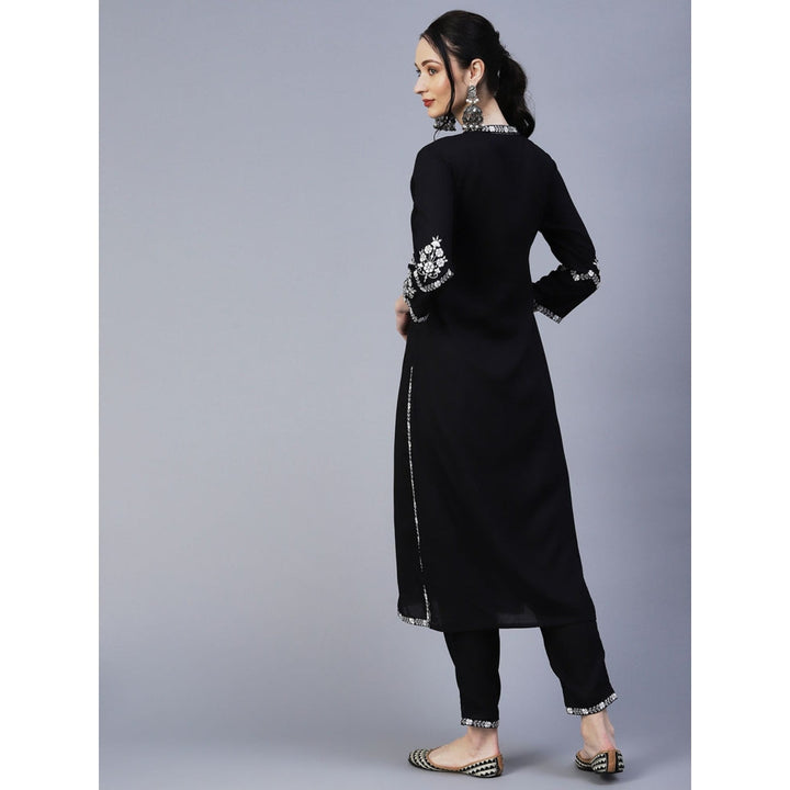 FASHOR Resham & Zari Embroidered Kurta with Pant Black (Set of 2)