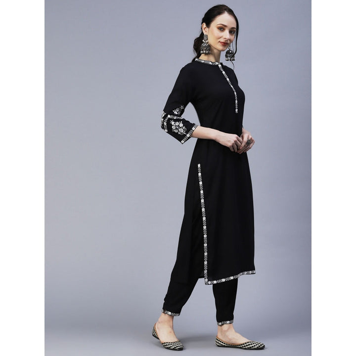 FASHOR Resham & Zari Embroidered Kurta with Pant Black (Set of 2)