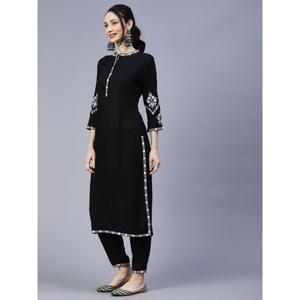 FASHOR Resham & Zari Embroidered Kurta with Pant Black (Set of 2)