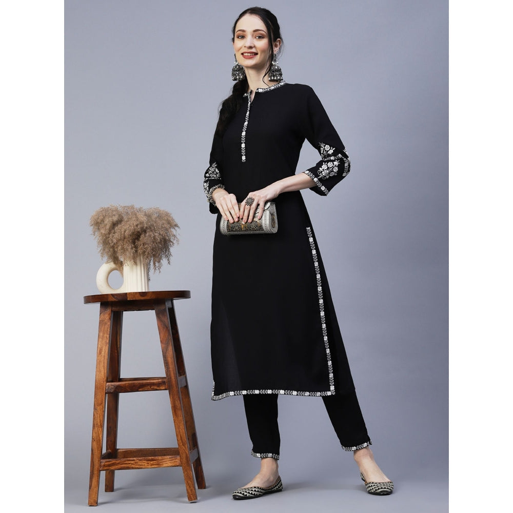 FASHOR Resham & Zari Embroidered Kurta with Pant Black (Set of 2)