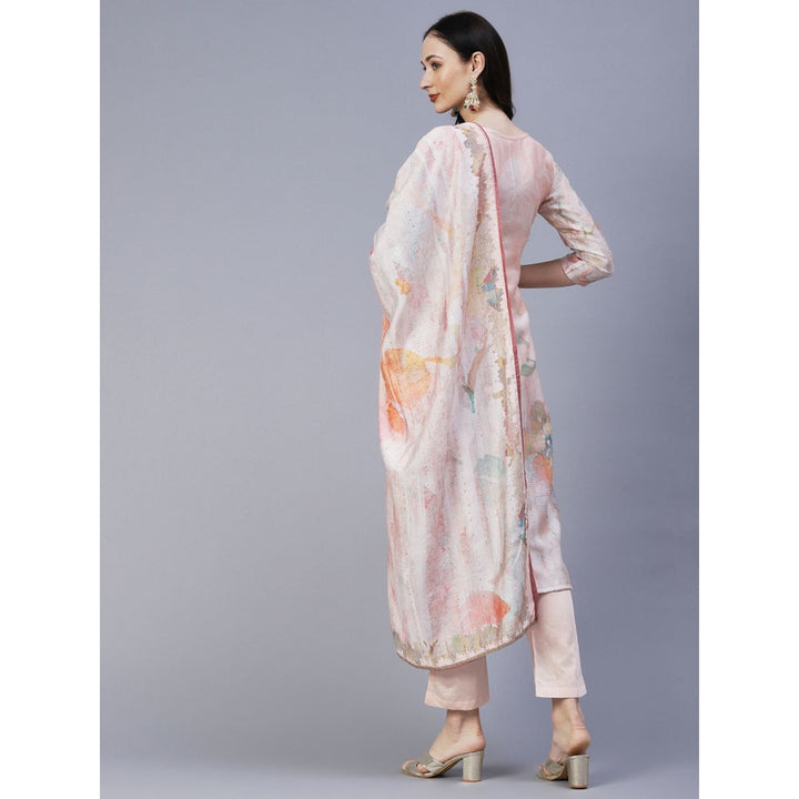 FASHOR Floral Printed Mirror Sequins Kurta with Pant & Dupatta Peach (Set of 3)