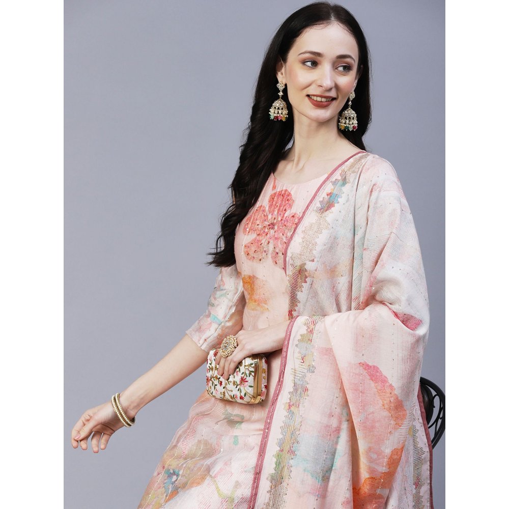 FASHOR Floral Printed Mirror Sequins Kurta with Pant & Dupatta Peach (Set of 3)