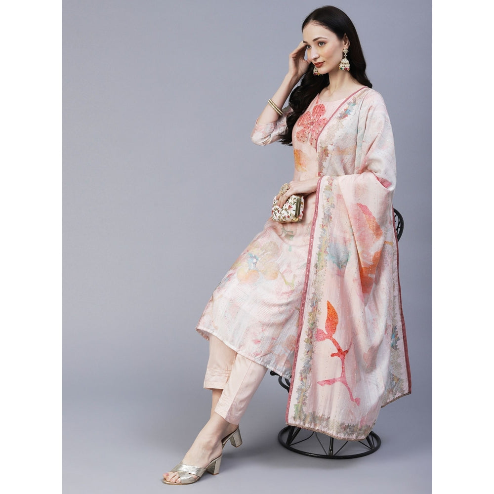 FASHOR Floral Printed Mirror Sequins Kurta with Pant & Dupatta Peach (Set of 3)