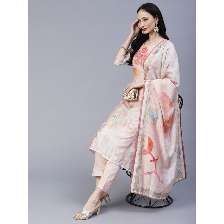 FASHOR Floral Printed Mirror Sequins Kurta with Pant & Dupatta Peach (Set of 3)