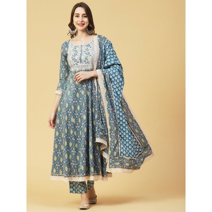 FASHOR Ikat Printed & Embroidered Anarkali Kurta with Pant and Dupatta-Blue (Set of 3)