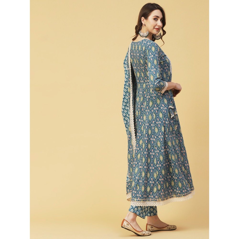 FASHOR Ikat Printed & Embroidered Anarkali Kurta with Pant and Dupatta-Blue (Set of 3)