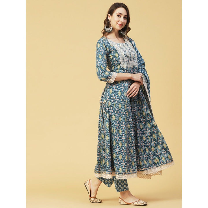 FASHOR Ikat Printed & Embroidered Anarkali Kurta with Pant and Dupatta-Blue (Set of 3)