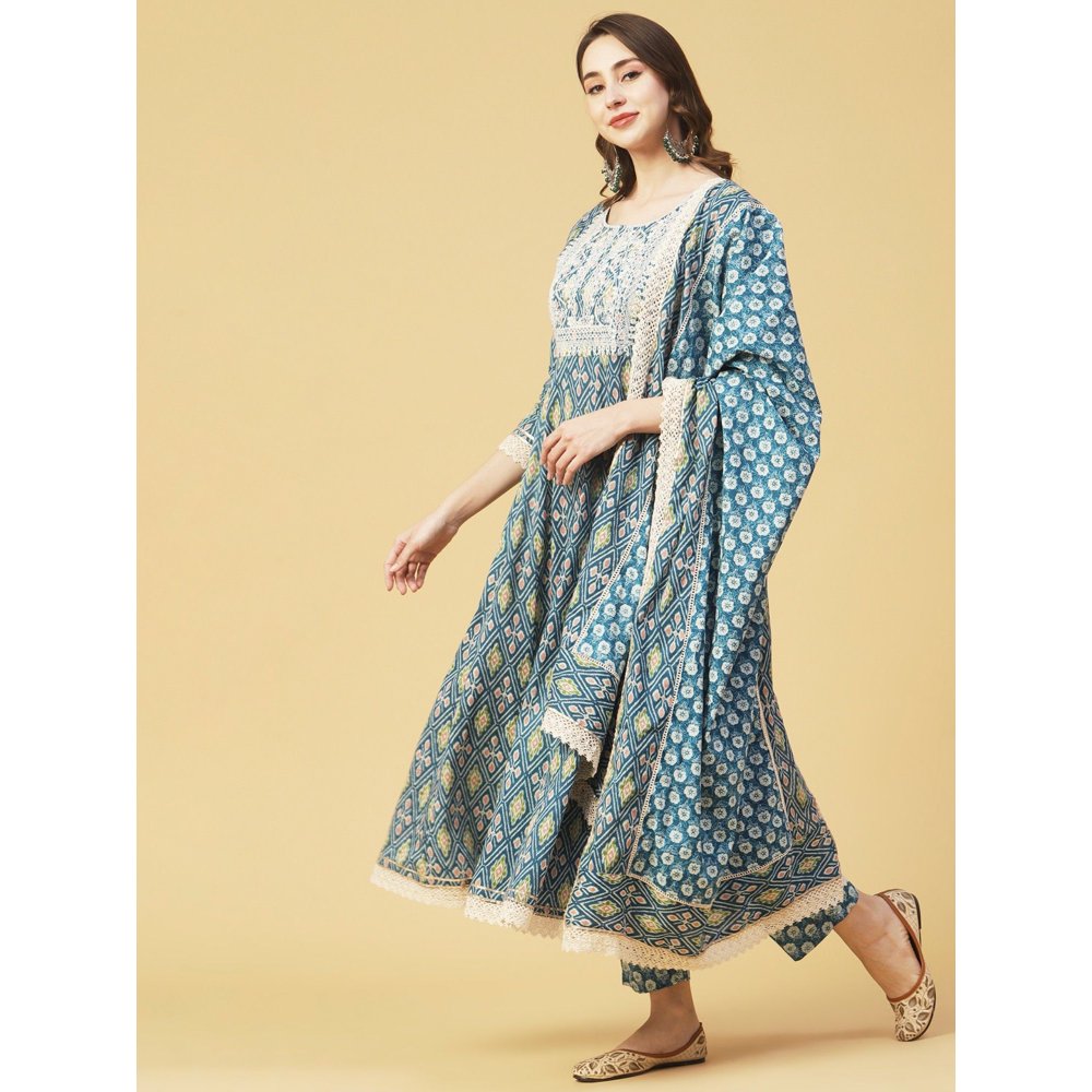 FASHOR Ikat Printed & Embroidered Anarkali Kurta with Pant and Dupatta-Blue (Set of 3)