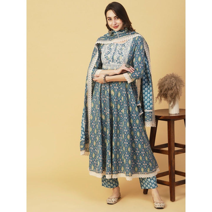 FASHOR Ikat Printed & Embroidered Anarkali Kurta with Pant and Dupatta-Blue (Set of 3)