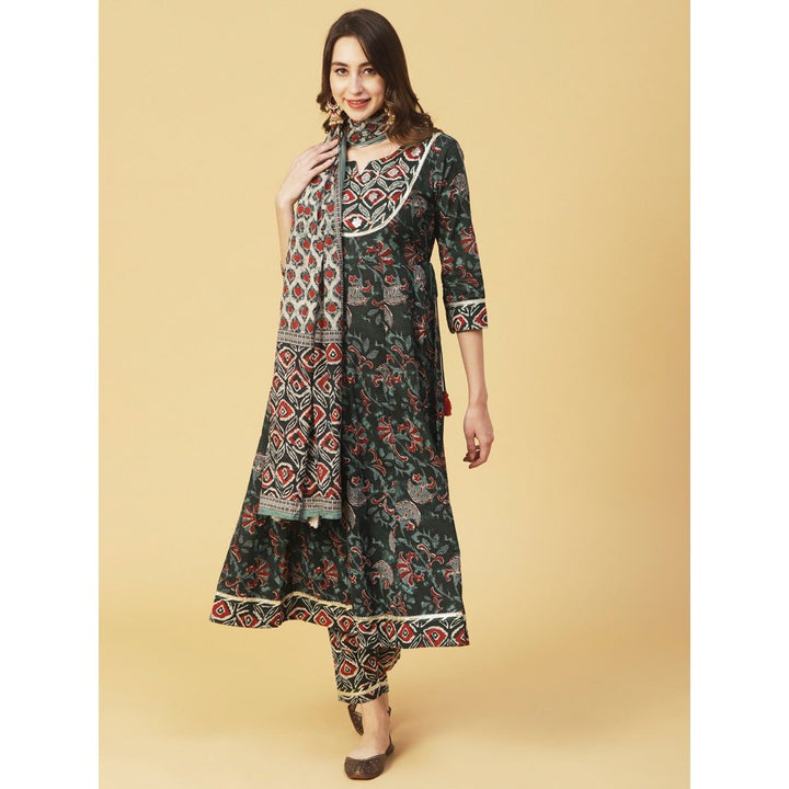 FASHOR Printed & Embroidered Anarkali Kurta with Pant and Dupatta-Dark Green (Set of 3)