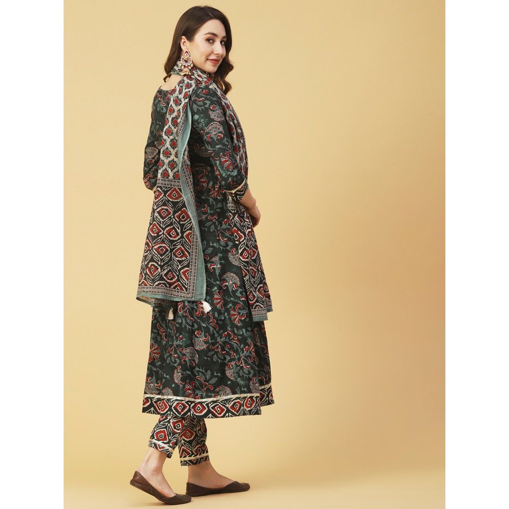 FASHOR Printed & Embroidered Anarkali Kurta with Pant and Dupatta-Dark Green (Set of 3)