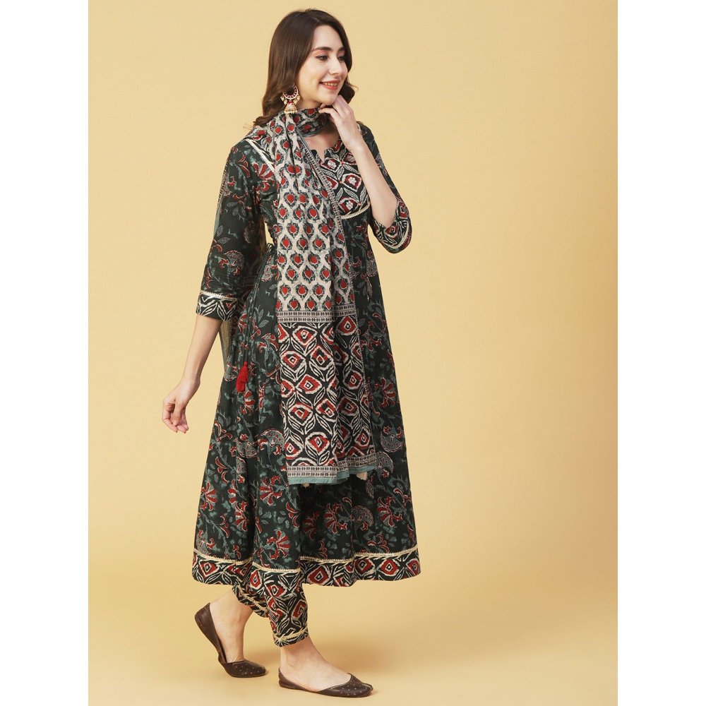 FASHOR Printed & Embroidered Anarkali Kurta with Pant and Dupatta-Dark Green (Set of 3)