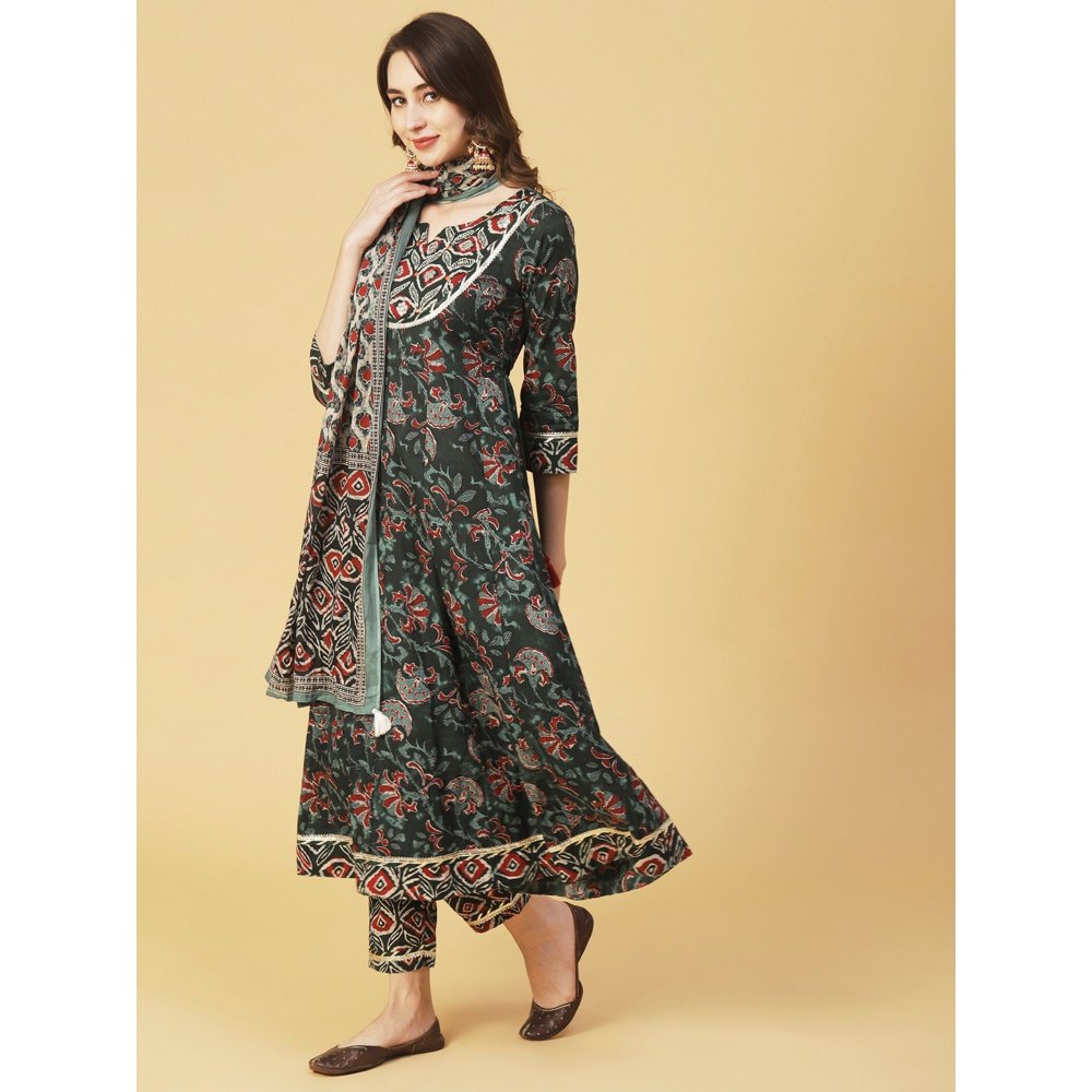 FASHOR Printed & Embroidered Anarkali Kurta with Pant and Dupatta-Dark Green (Set of 3)