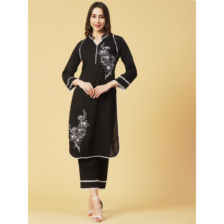 FASHOR Solid Resham Embroidered Crochet Lace Work Black Kurta with Pant (Set of 2)