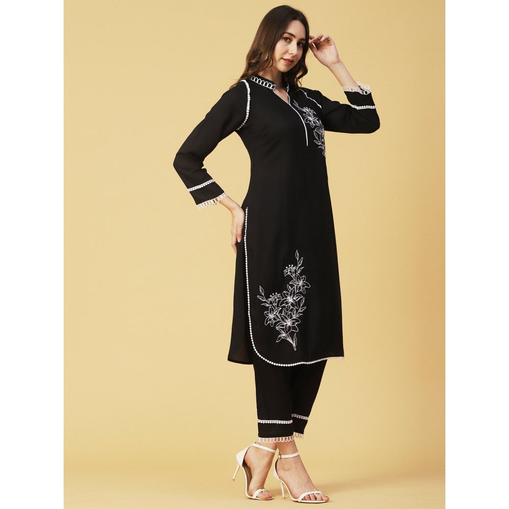 FASHOR Solid Resham Embroidered Crochet Lace Work Black Kurta with Pant (Set of 2)