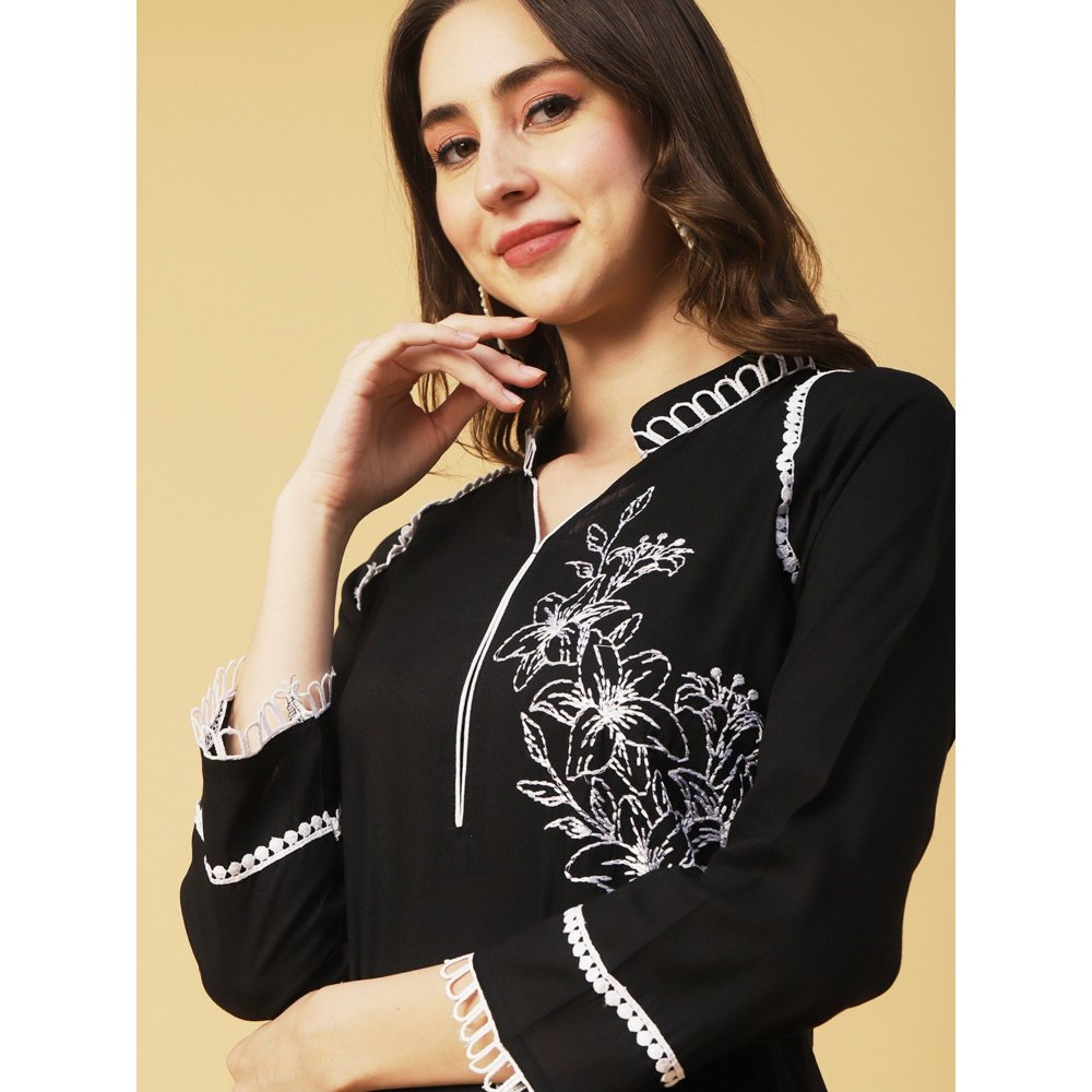 FASHOR Solid Resham Embroidered Crochet Lace Work Black Kurta with Pant (Set of 2)