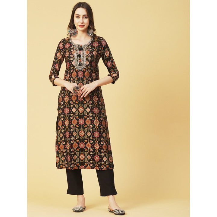 FASHOR Abstract Foil Printed Zari Dori & Resham Embroidered Black Kurta with Pant (Set of 2)