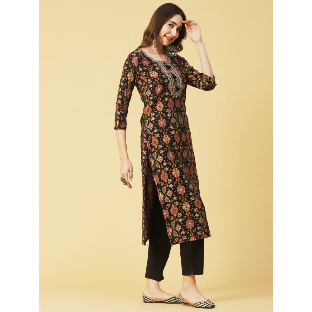 FASHOR Abstract Foil Printed Zari Dori & Resham Embroidered Black Kurta with Pant (Set of 2)