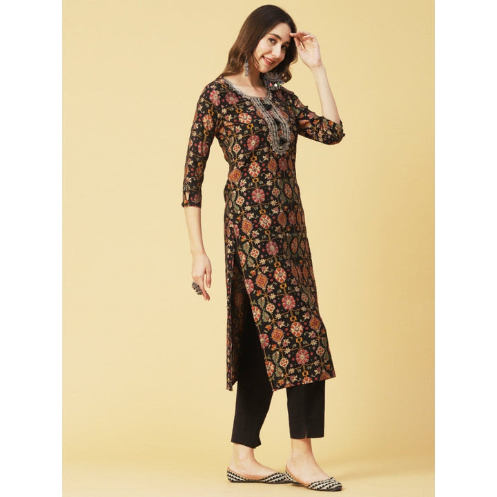 FASHOR Abstract Foil Printed Zari Dori & Resham Embroidered Black Kurta with Pant (Set of 2)