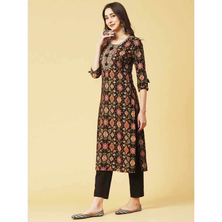 FASHOR Abstract Foil Printed Zari Dori & Resham Embroidered Black Kurta with Pant (Set of 2)