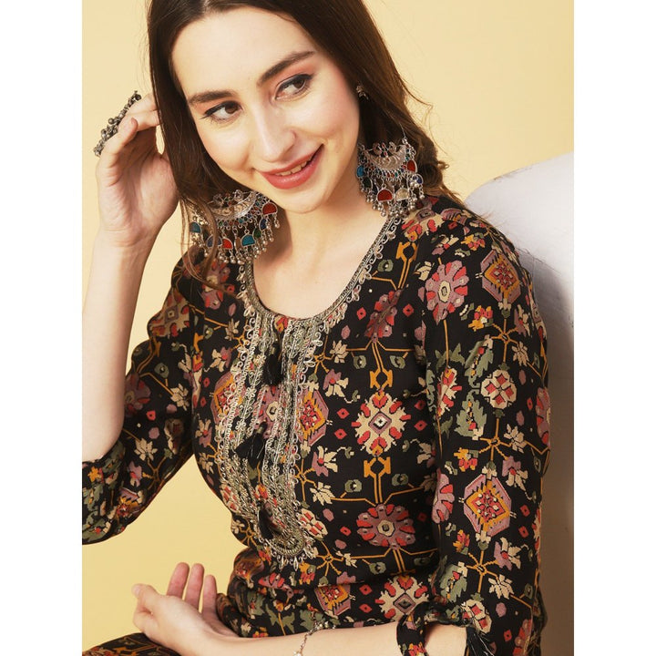 FASHOR Abstract Foil Printed Zari Dori & Resham Embroidered Black Kurta with Pant (Set of 2)