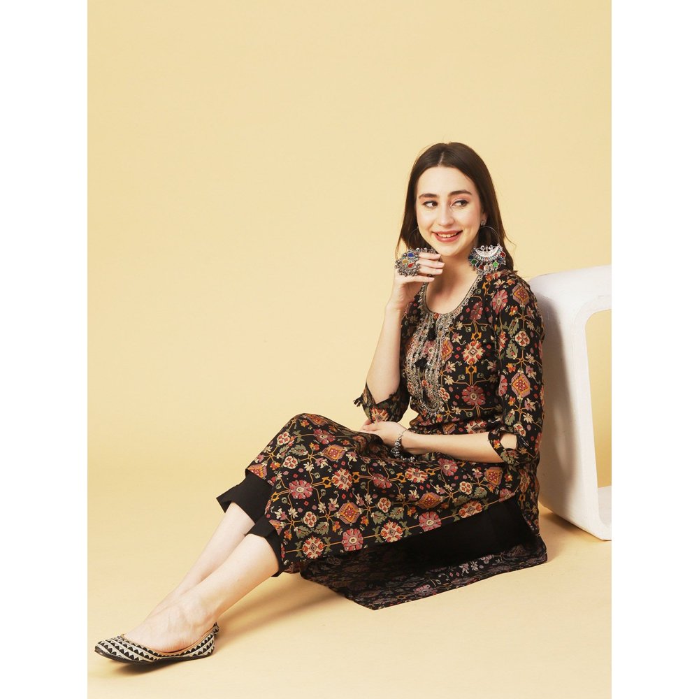 FASHOR Abstract Foil Printed Zari Dori & Resham Embroidered Black Kurta with Pant (Set of 2)