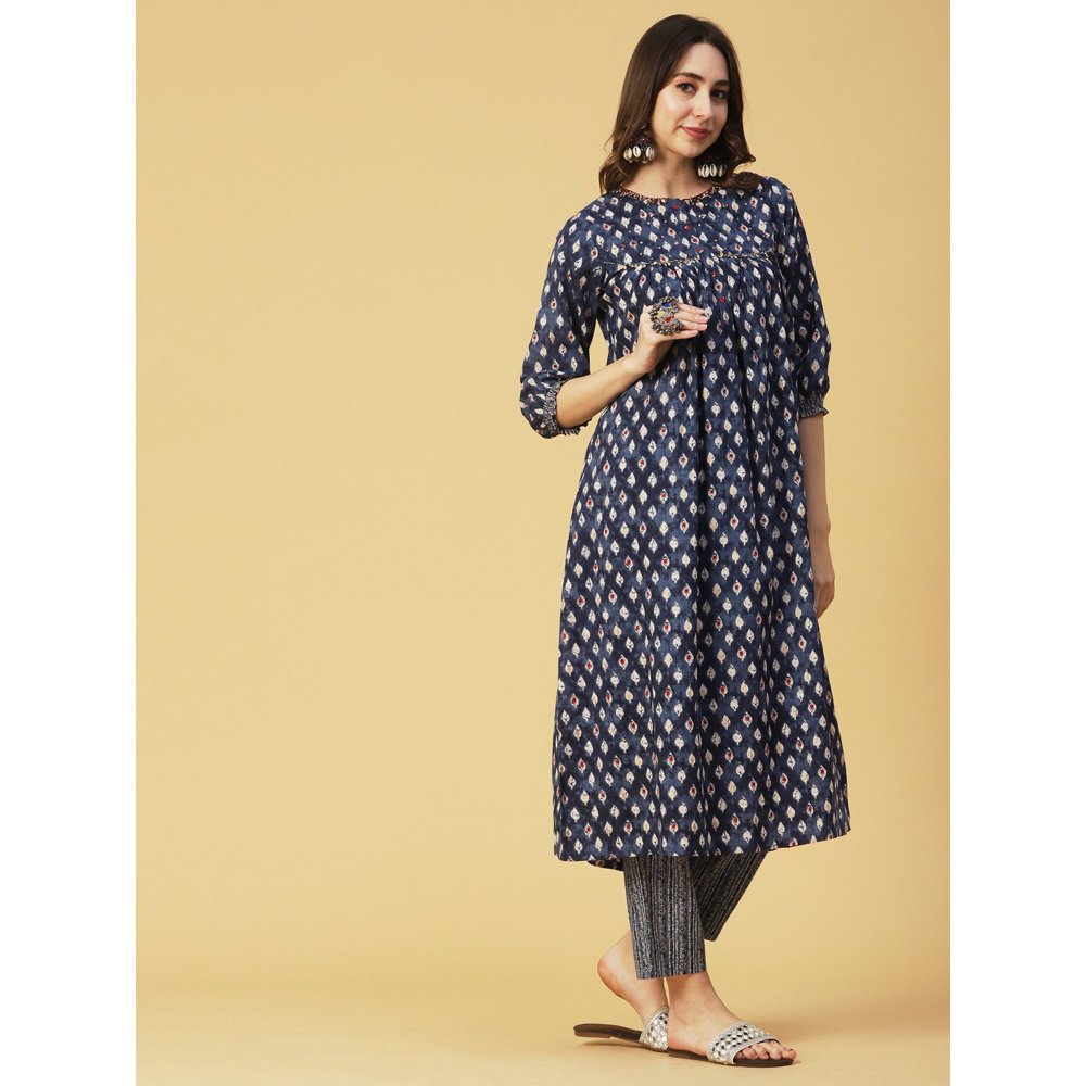 FASHOR Block Khari Sequins & Leaf Tikki Embroidered Indigo Blue Kurta with Pant (Set of 2)