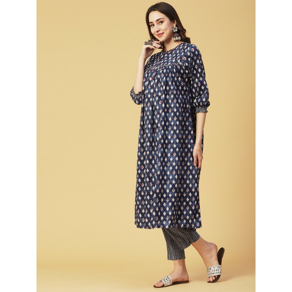 FASHOR Block Khari Sequins & Leaf Tikki Embroidered Indigo Blue Kurta with Pant (Set of 2)