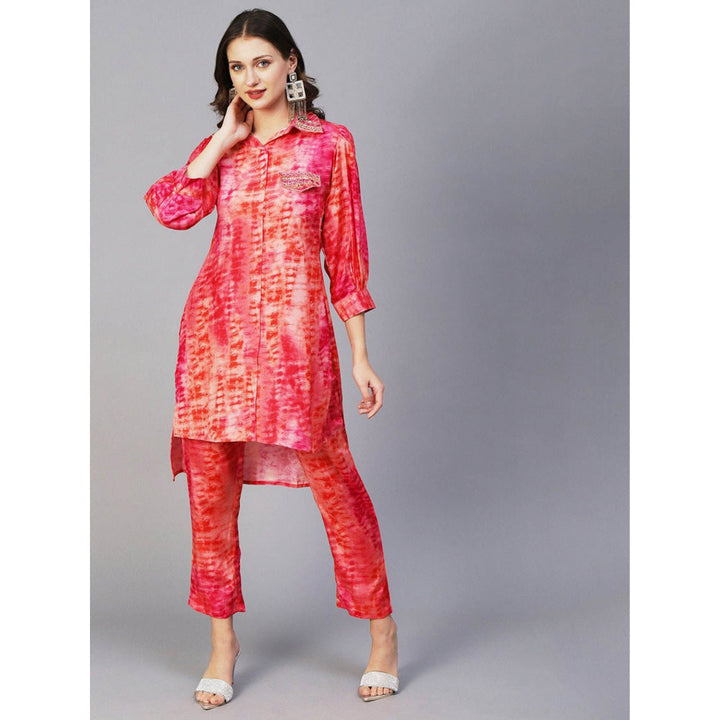 FASHOR Shibori Printed Mirror & Zardozi Embroidered High Low Peach Shirt with Pant (Set of 2)