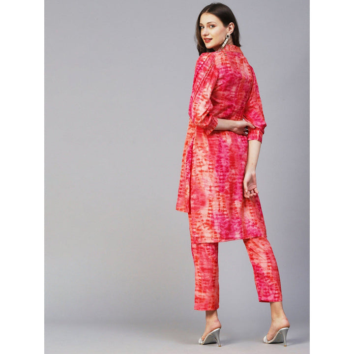 FASHOR Shibori Printed Mirror & Zardozi Embroidered High Low Peach Shirt with Pant (Set of 2)