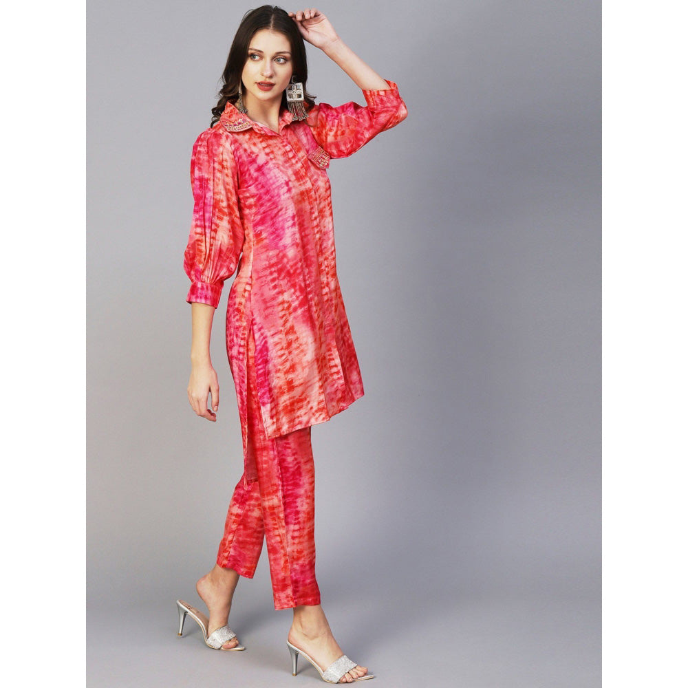 FASHOR Shibori Printed Mirror & Zardozi Embroidered High Low Peach Shirt with Pant (Set of 2)