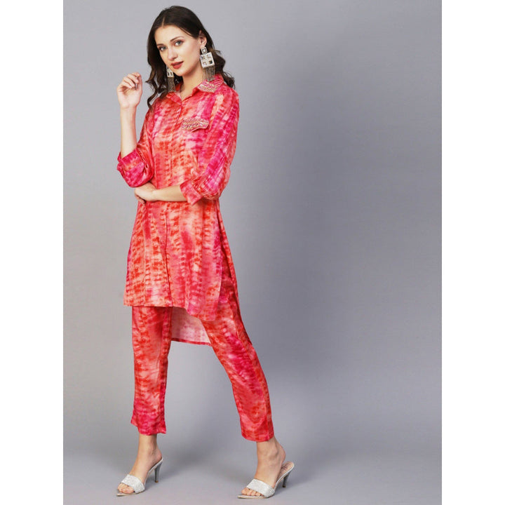 FASHOR Shibori Printed Mirror & Zardozi Embroidered High Low Peach Shirt with Pant (Set of 2)